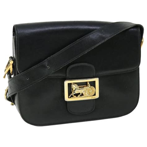 CELINE Horse Carriage Shoulder Bag Leather Black Auth 